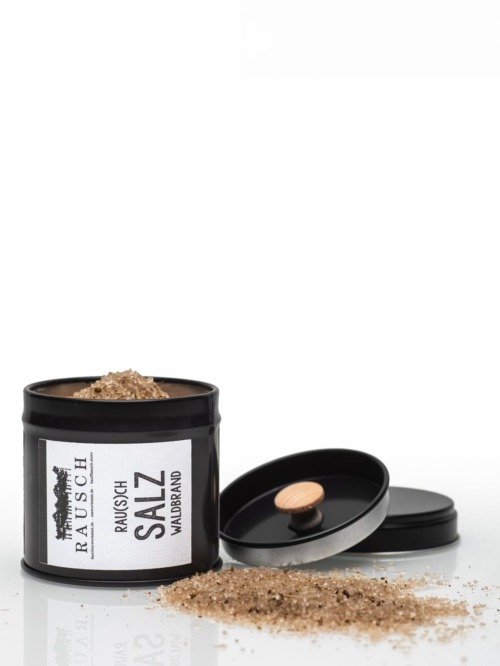 Rau(s)ch Salz Edition Waldbrand, geöffnete Dose mit Rauchsalz